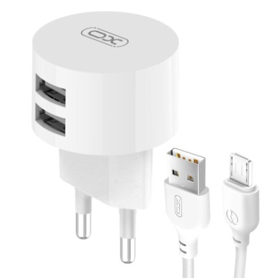 мережевий зарядний пристрій xo l62 2usb/2.4a + (usb - microusb) (білий) 