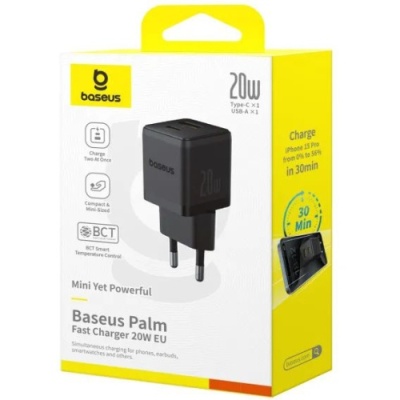 мережевий зарядний пристрій baseus palm fast charger (p10111608113-00) 1usb/qc3.0 + 1type-c/pd 20w (чорний) 