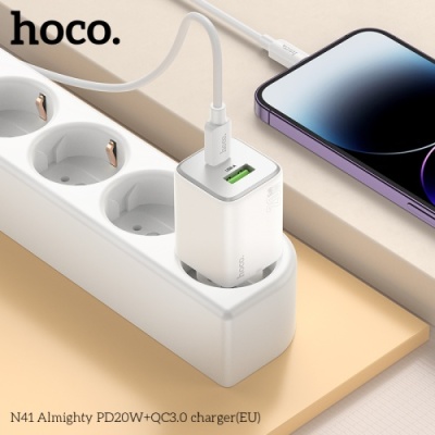 мережевий зарядний пристрій hoco n41 1usb/18w/qc3.0 + 1type-c/20w/pd (білий) 