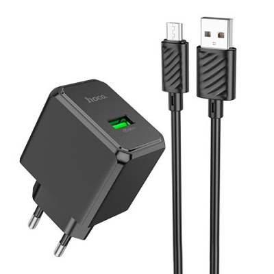 мережевий зарядний пристрій hoco cs12a 1usb/18w/qc3.0 + (usb - microusb) (чорний) 