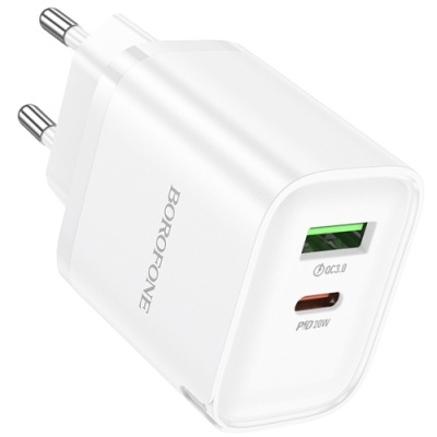 мережевий зарядний пристрій borofone ba83a 1usb/18w/qc3.0 + 1type-c/20w/pd (білий) 