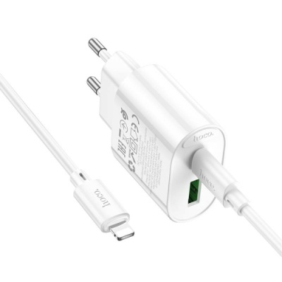 мережевий зарядний пристрій hoco c109a new 1usb/18w/qc3.0 + 1type-c/20w/pd + (type-c - lighting) (білий) 