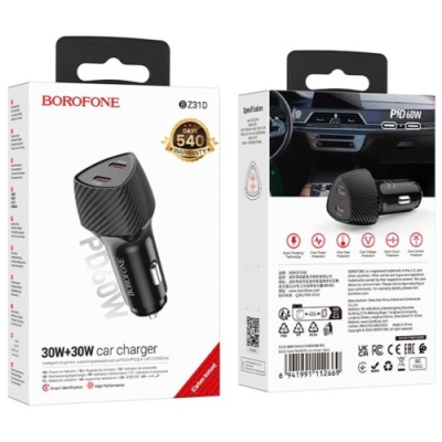 Автомобільний Зарядний Пристрій Borofone BZ31D 2Type-C/60W/PD (Чорний)