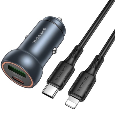 Автомобільний Зарядний Пристрій Borofone BZ32A 30W 1Type-C/30W/PD + 1USB/18W/QC3.0 + (Type-C - Lightning) (Сірий)