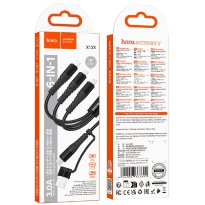 кабель hoco x123 3in1 usb/type-c - lightning + microusb + type-c 1м (чорний) 