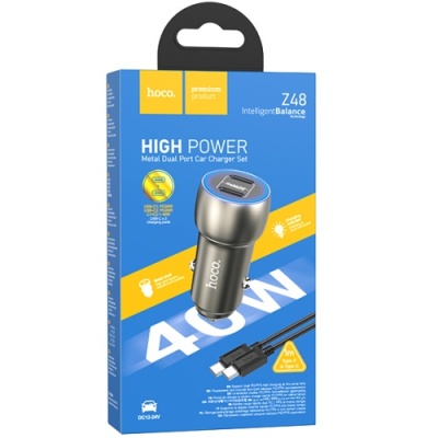 Автомобільний Зарядний Пристрій Hoco Z48 2Type-C/20W/PD + (Type-C - Type-C) (Металево-сірий)