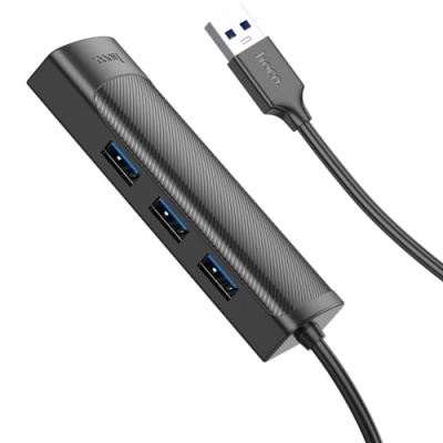 usb hub hoco hb42 easy safety 4-in-1 gigabit ethernet adapter(usb to usb3.0*3+rj45) black 
