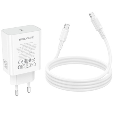мережевий зарядний пристрій borofone ba109a pd40w (1type-c) + type-c - type-c (білий) 