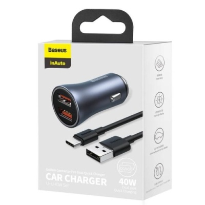 Автомобільний Зарядний Пристрій Baseus Golden Contactor Pro 40W (TZCCJD-A0G) 2USB/20W/QC4.0 + (USB - Type-C) 1m (dark gray)
