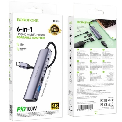 usb hub borofone dh15 6-in-1 type-c to hdmi+pd+usb3.0+usb2.0+sd+tf(l=0.15m) (сiрий) 