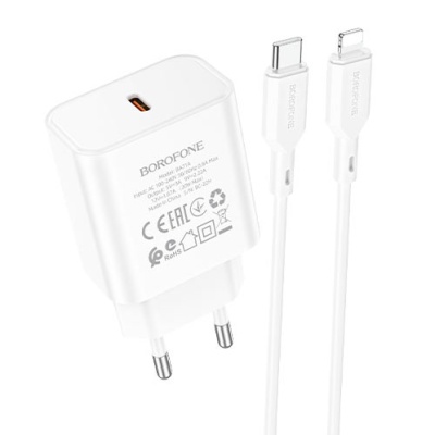 мережевий зарядний пристрій borofone ba71a power 1type-c/20w/pd + (type-c - lightning) (білий) 