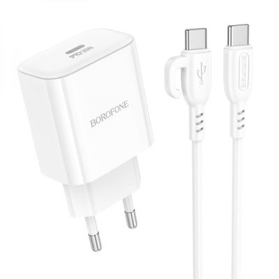 мережевий зарядний пристрій borofone ba81a power 1type-c/20w/pd + (type-c - type-c) (білий) 