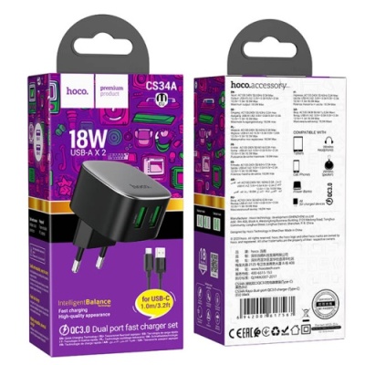 мережевий зарядний пристрій hoco cs34a 2usb/18w/qc3.0 + (usb - type-c) (чорний) 