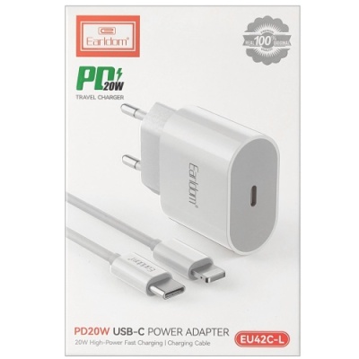 мережевий зарядний пристрій earldom es-eu42c-l 1type-c/20w/pd + (type-c - lightning) (білий) 