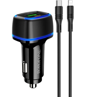 Автомобільний Зарядний Пристрій Borofone BZ14A 1USB/18W/QC3.0 + 1Type-C/20W/PD + (Type-C - Lightning) (Чорний)