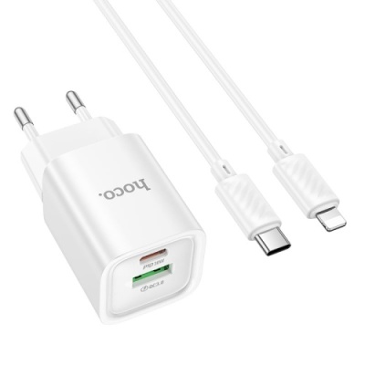 мережевий зарядний пристрій hoco c149a 1usb/18w/qc3.0 + 1type-c/30w/pd + (type-c - lightning) (бiлий) 