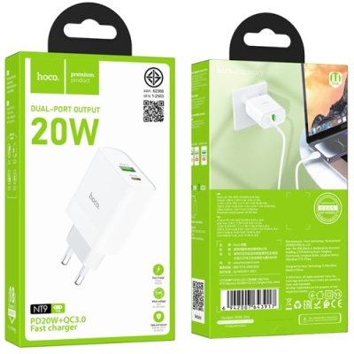 мережевий зарядний пристрій hoco nt9 1usb/18w/qc3.0 + 1type-c/20w/pd (білий) 