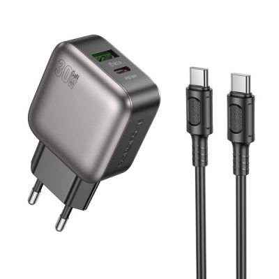 мережевий зарядний пристрій borofone bas55a gan 1usb/20w/qc3.0 + 1type-c/30w/pd + (type-c - type-c) (чорний) 