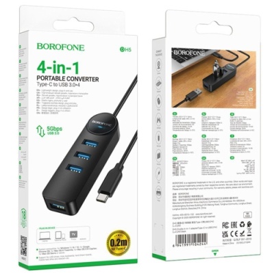 usb hub borofone dh5 4-in-1 (type-c to usb3.0*4) 0.2m (чорний) 