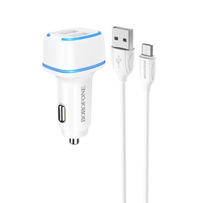 Автомобільний Зарядний Пристрій Borofone BZ14 2USB/2.4A + (USB - MicroUSB) (Білий)