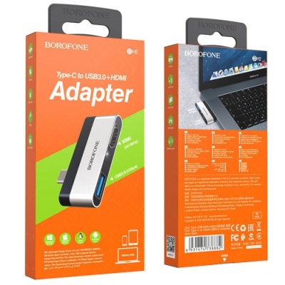 перехідник borofone dh2 type-c to hdmi+usb3.0 adapter (сталево-чорний) 