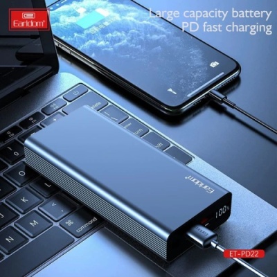 додаткова батарея power bank earldom et-pd22 20000 mah metall alloy pd20w+qc3.0 22.5w (чорний) 