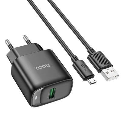 мережевий зарядний пристрій hoco c140a 1usb/18w/qc3.0 + (usb - microusb) (чорний) 