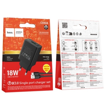 мережевий зарядний пристрій hoco cs92a 1usb/18w/qc3.0 + (usb - type-c) (чорний) 