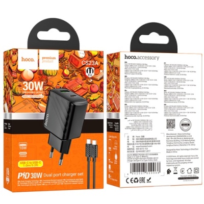 мережевий зарядний пристрій hoco cs23a 1usb/18w/qc3.0 + 1type-c/30w/pd + (type-c - type-c) (чорний) 