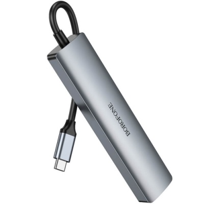 usb hub borofone dh16 6-в-1 type-c to hdmi+pd+usb3.0+usb2.0*2+rj45(l=0.15m) (сірий) 