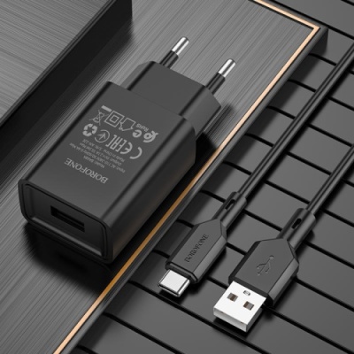 мережевий зарядний пристрій borofone ba68a 1usb/2.1a + (usb - type-c) (чорний) 