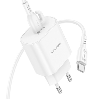 мережевий зарядний пристрій borofone ba82a power 1type-c/25w/pd + (type-c - type-c) (білий) 