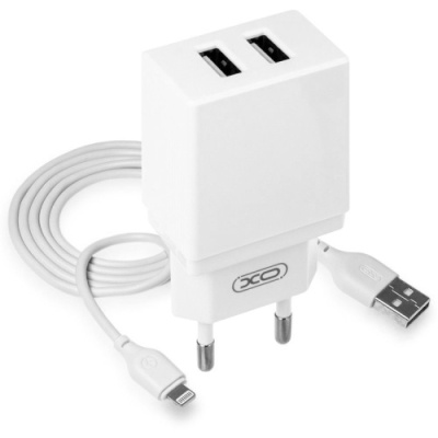 мережевий зарядний пристрій xo l75 2usb/2.4a + (usb - lightning) (бiлий) 
