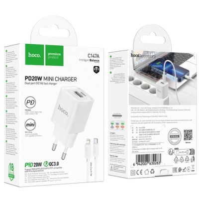 мережевий зарядний пристрій hoco c147a 1usb/18w/qc3.0 + 1type-c/20w/pd + (type-c - lightning) (білий) 
