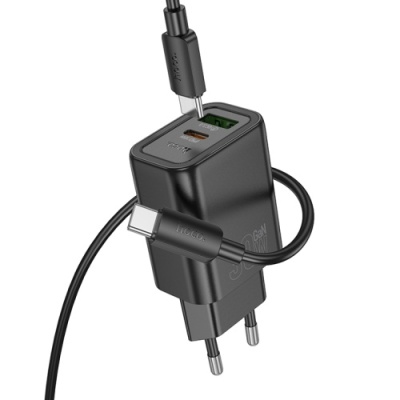 мережевий зарядний пристрій hoco n63 1usb/18w/qc3.0 + 1type-c/30w/pd + (type-c - type-c) (чорний) 