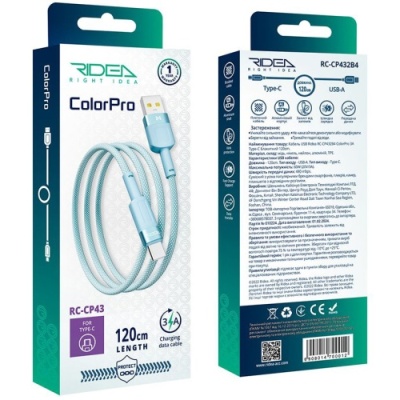 кабель ridea rc-cp43 colorpro usb - type-c 3a 1.2m (блакитний) 