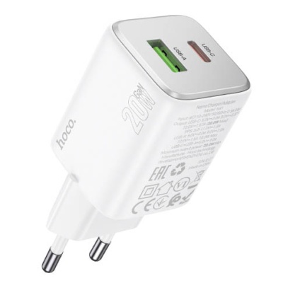 мережевий зарядний пристрій hoco n41 1usb/18w/qc3.0 + 1type-c/20w/pd (білий) 