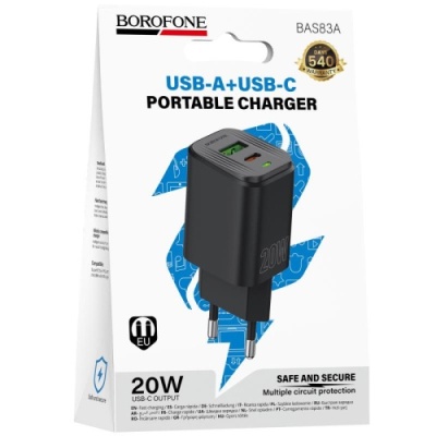 мережевий зарядний пристрій borofone bas83a pd20w + qc3.0 (1usb/1type-c/3a) (чорний) 