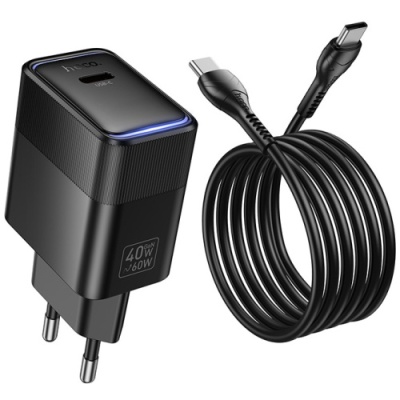 мережевий зарядний пристрій hoco cs113a 1type-c/40w/pd + (type-c - type-c) (чорний) 