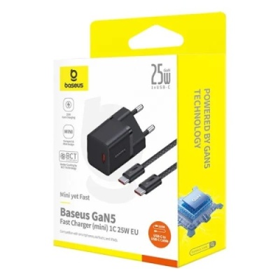 мережевий зарядний пристрій baseus gan5 mini (p10110909113-01) type-c/25w/pd + (type-c - type-c) (чорний) 