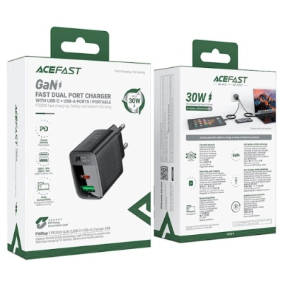 мережевий зарядний пристрій acefast a98 pd30w+qc 3.0 (1type-c/usb/3a) (чорний) 