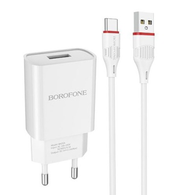 мережевий зарядний пристрій borofone ba20a 1usb/2.1a + (usb - type-c) (білий) 