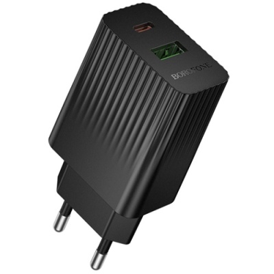 мережевий зарядний пристрій borofone bas74a 1usb/18w/qc3.0 + 1type-c/20w/pd (чорний) 