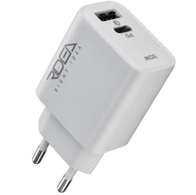 мережевий зарядний пристрій ridea rw-30120 turbo 1usb/1usb-c qc/pd 30w (бiлий) 