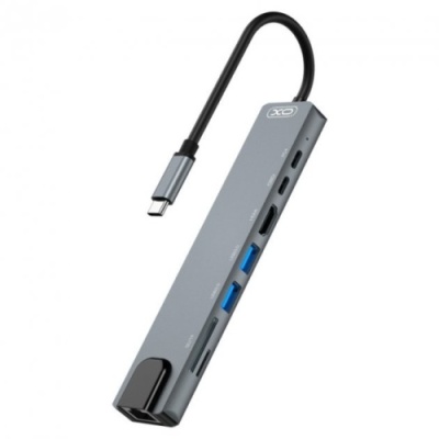 usb hub адаптер xo-hub003 2 usb/type c/pd/hdmi 4k/sd/tf/rj45 8 in 1 (чорний) 