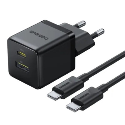 мережевий зарядний пристрій baseus palm fast charger (p1011160a113-01) 1usb/qc3.0 + 1type-c/pd 30w + (type-c - type-c 60w) (чорний) 