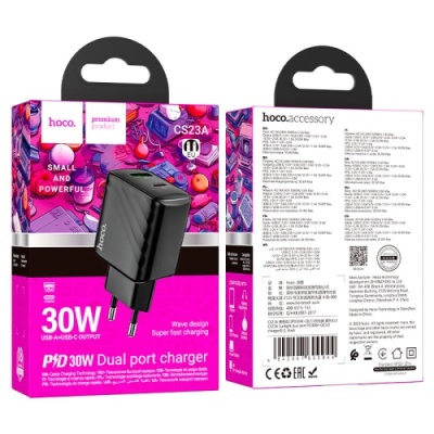 мережевий зарядний пристрій hoco cs23a 1usb/18w/qc3.0 + 1type-c/30w/pd (чорний) 