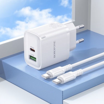 мережевий зарядний пристрій borofone ba83a 1usb/18w/qc3.0 + 1type-c/20w/pd + (type-c - type-c) (білий) 