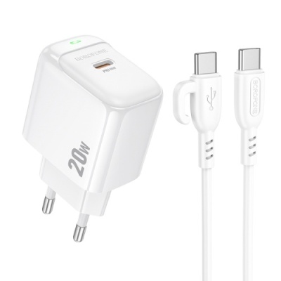 мережевий зарядний пристрій borofone bas43a 1type-c/20w/pd + (type-c - type-c) (білий) 