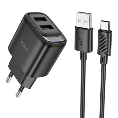 мережевий зарядний пристрій hoco c141a smart dual-port charger set 2usb/2.1a + (usb - type-c) (чорний) 